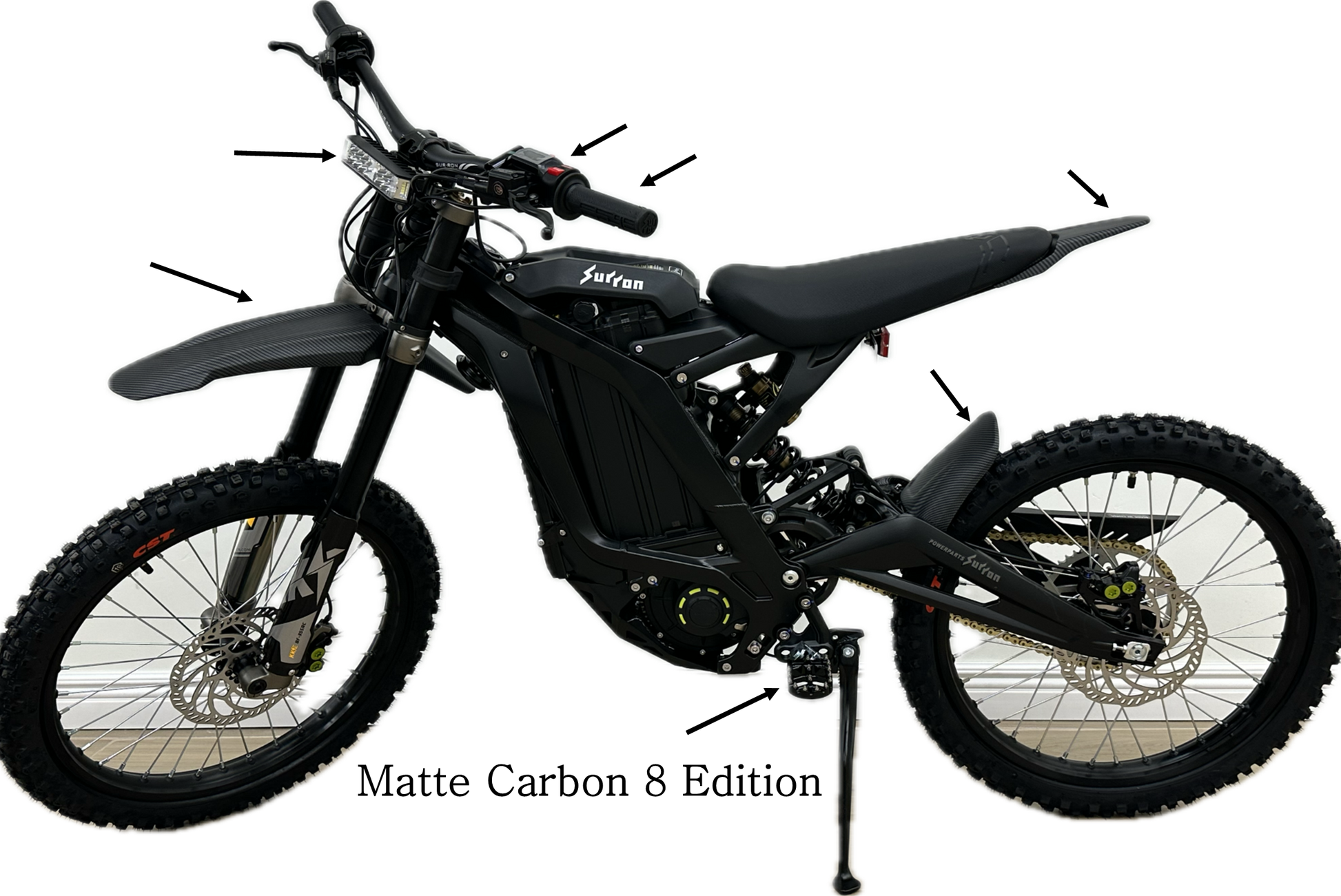 Black Dirt Bike with Matte Carbon Fiber Fenders Surron Light Bee X LBX
