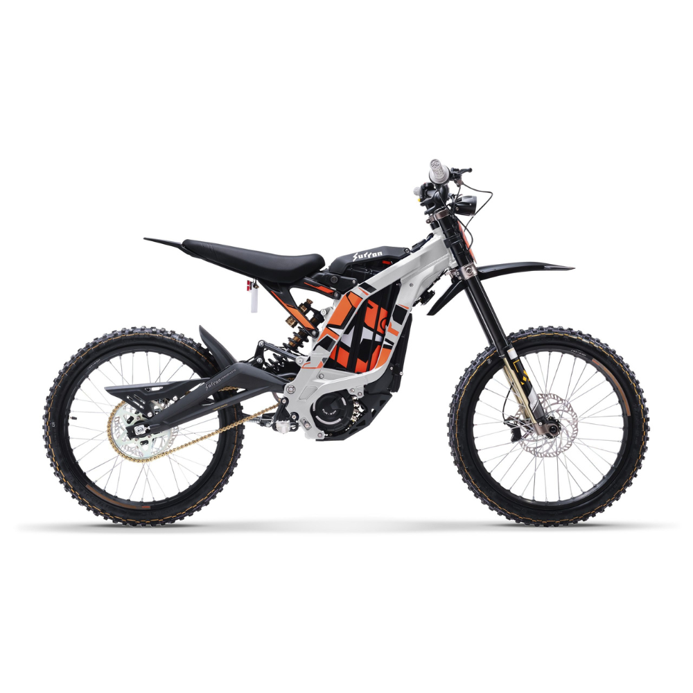 Silver Dirt Bike with Orange Stickers Surron Light Bee X LBX